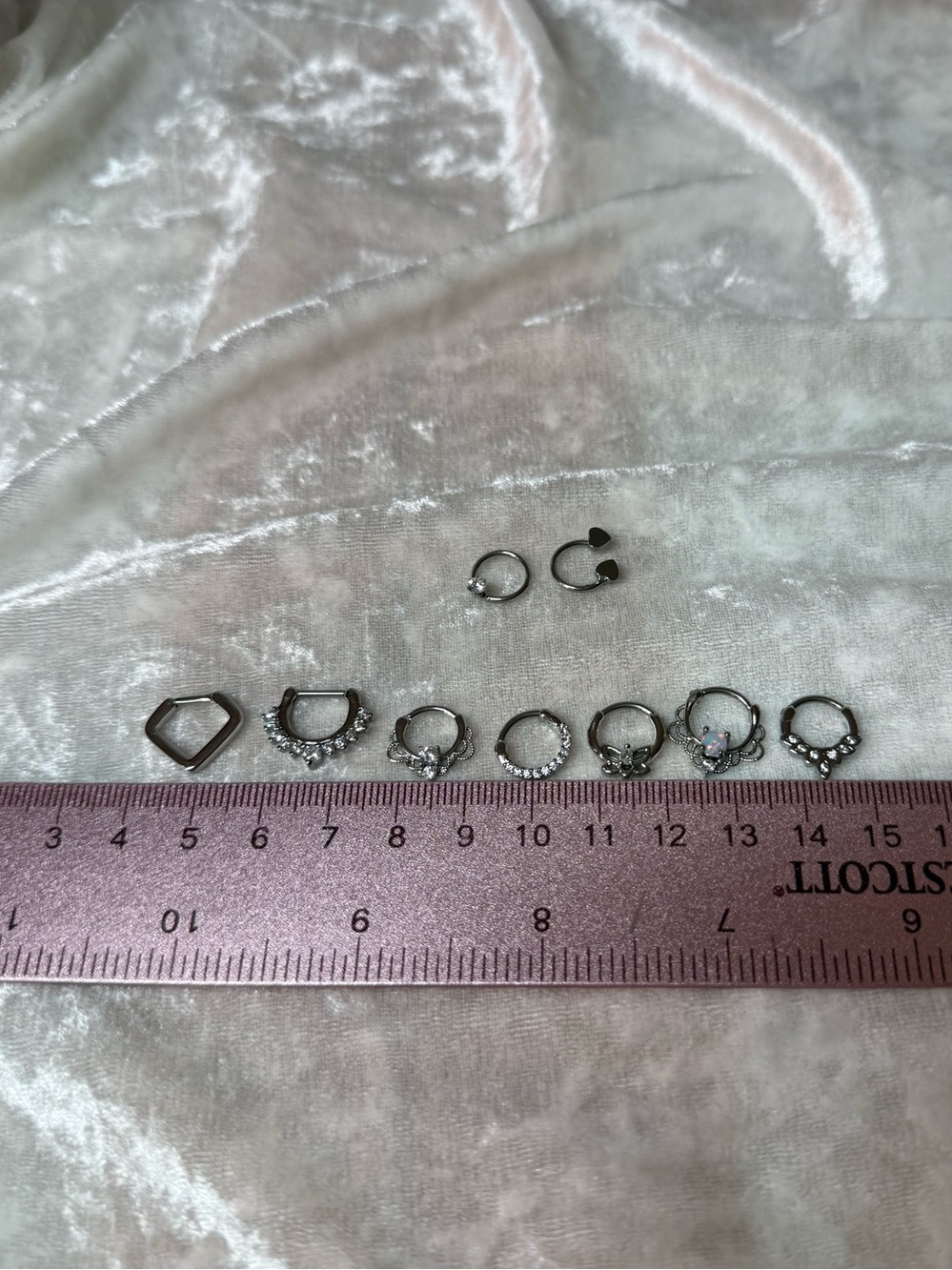 Septum Ring Set Silver Tone CZ - 7 Pieces Feminine Dainty Sparkly Body Jewelry - Picture 9 of 11